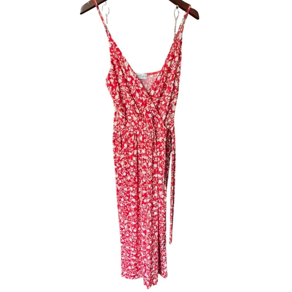 Kaileigh Red Floral Cropped Wide Leg Jumper Surplice Sleeveless Jumpsuit Medium